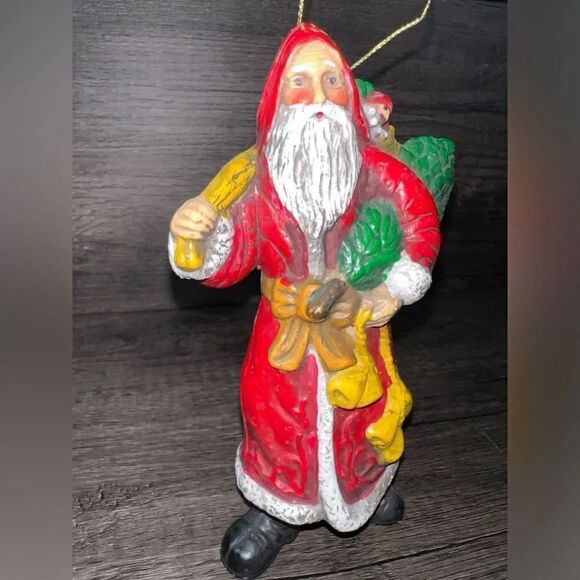 Vintage Santa with Toys Glass Holiday Ornament on String - Picture 2 of 5